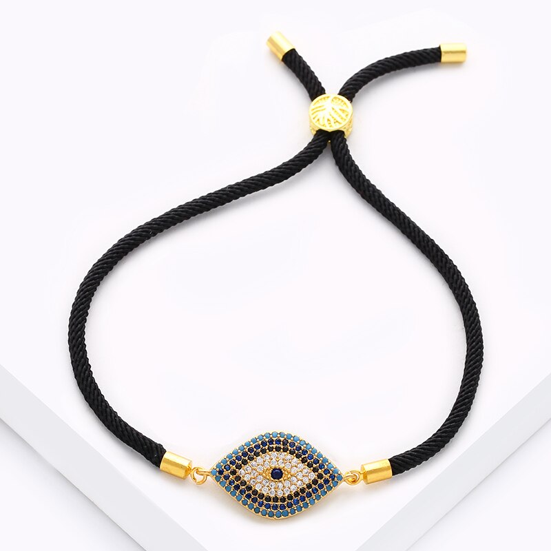 Turkse Goud Boze Oog Armbanden Voor Vrouwen Pave Cz Blue Eye Armband Gouden Sieraden Brtk53: Gold(Black rope)