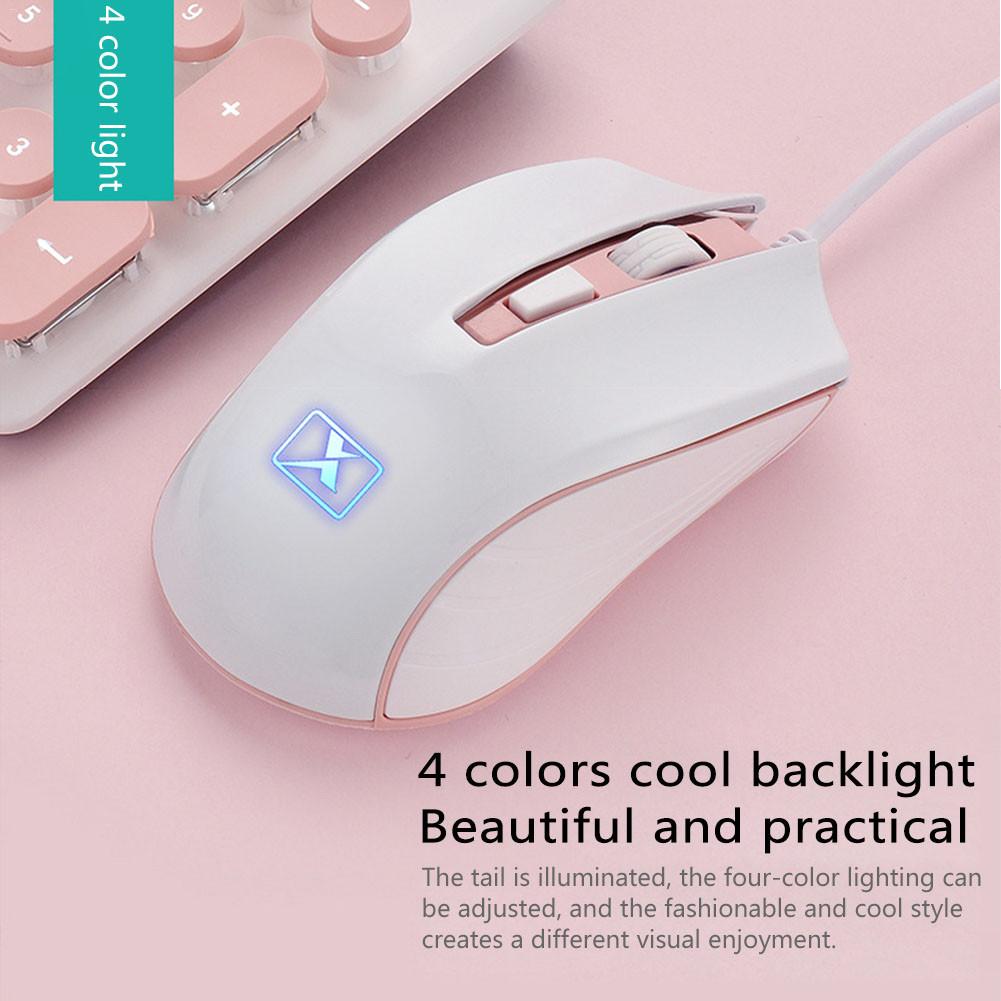 Portable Retro Pink Keyboard Mouse Kit Wired Steampunk Gaming Keyboard with Round Key Cap Multimedia Button Keyboard Mouse Set