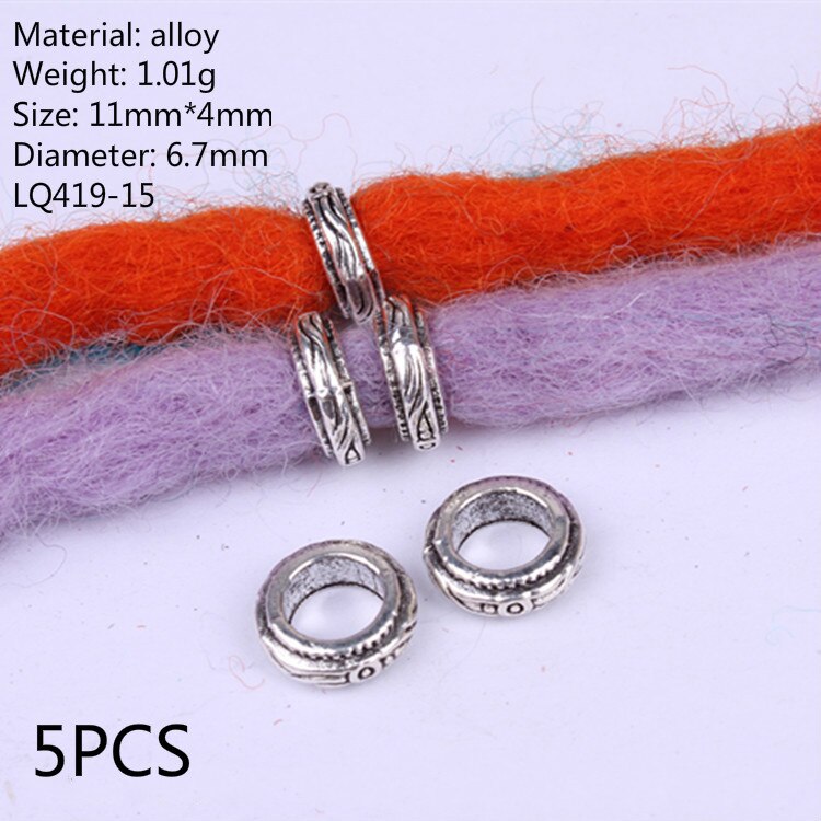 5Pcs Retro Zilver Metaal Haar Vlecht Dread Dreadlock Baard Kralen Ringen Buis Appro 6Mm Binnenste Gat Sieraden Maat 11*9Mm 14 Stijl: NO.8