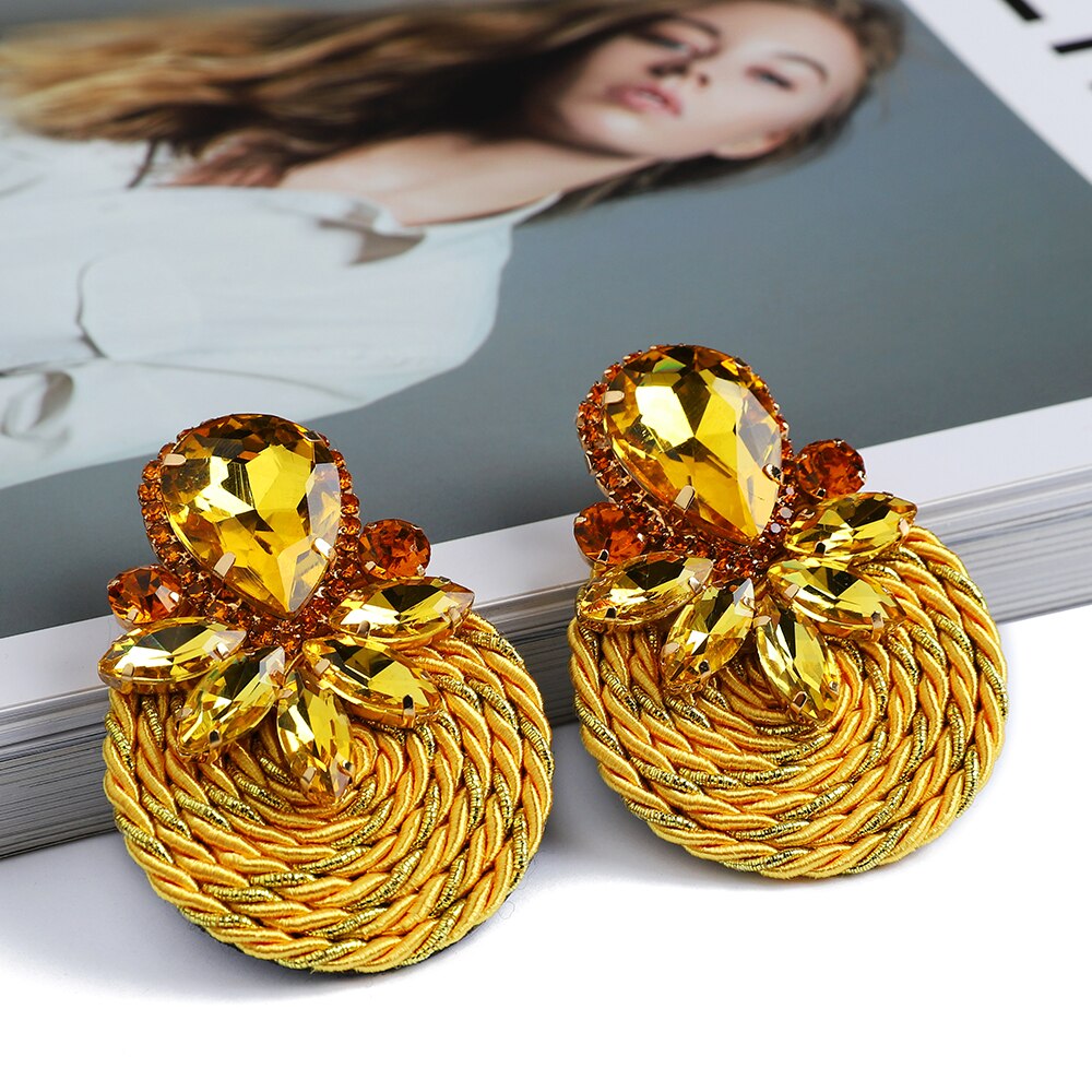 Ethnic Style Cotton Cord Weave Round Ear Accessories Vintage Sparkly Crystal Dangle Earrings For Women Luxury Jewelry: 30