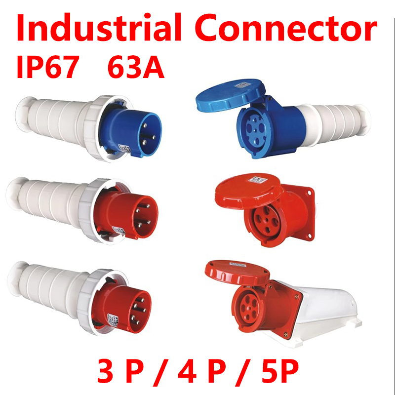 63A Industrial Plug and Socket 3P/4P/5Pin Electrical Connector IP67 Wall Mounted Socket Male&Female Plug