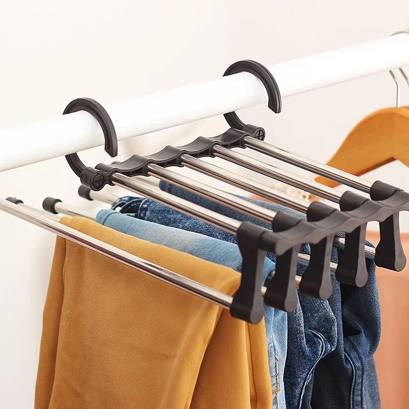 Appendiabiti per pantaloni magici 5 in 1 Appendiabiti pieghevole per pantaloni in acciaio inossidabile Scaffali per appendiabiti per camera da letto Organizzatore per armadio: Luce Verde