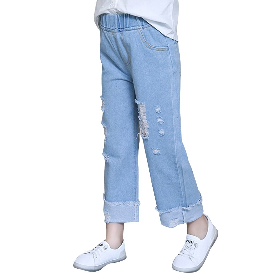 Jeans för flickor hål barn jeans tjejer höstmanschetter barn slitna jeans fritidskläder för flickor 6 8 10 12 14