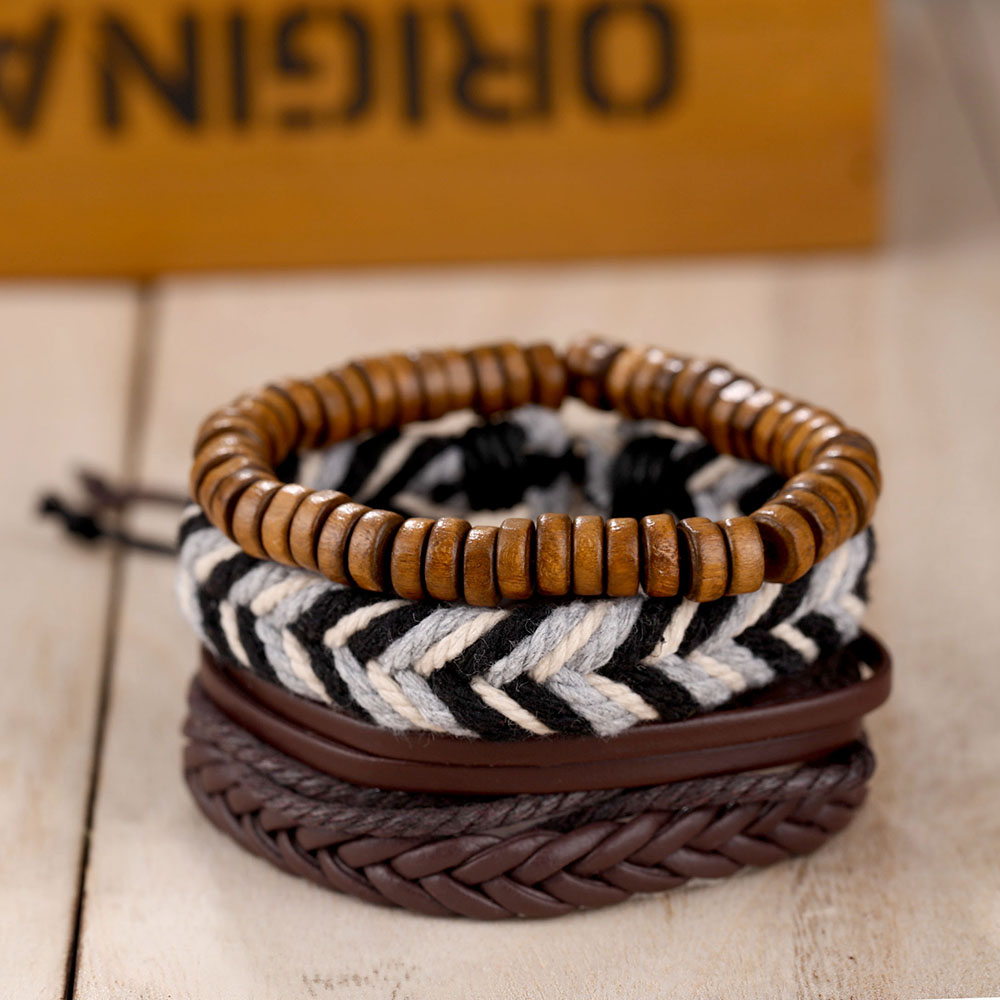 Wood Bead Male Multilayer Leather Bracelet Men Braided Rope Wrap Bracelets Bangles Pulseira Masculina Jewelry Pulsera