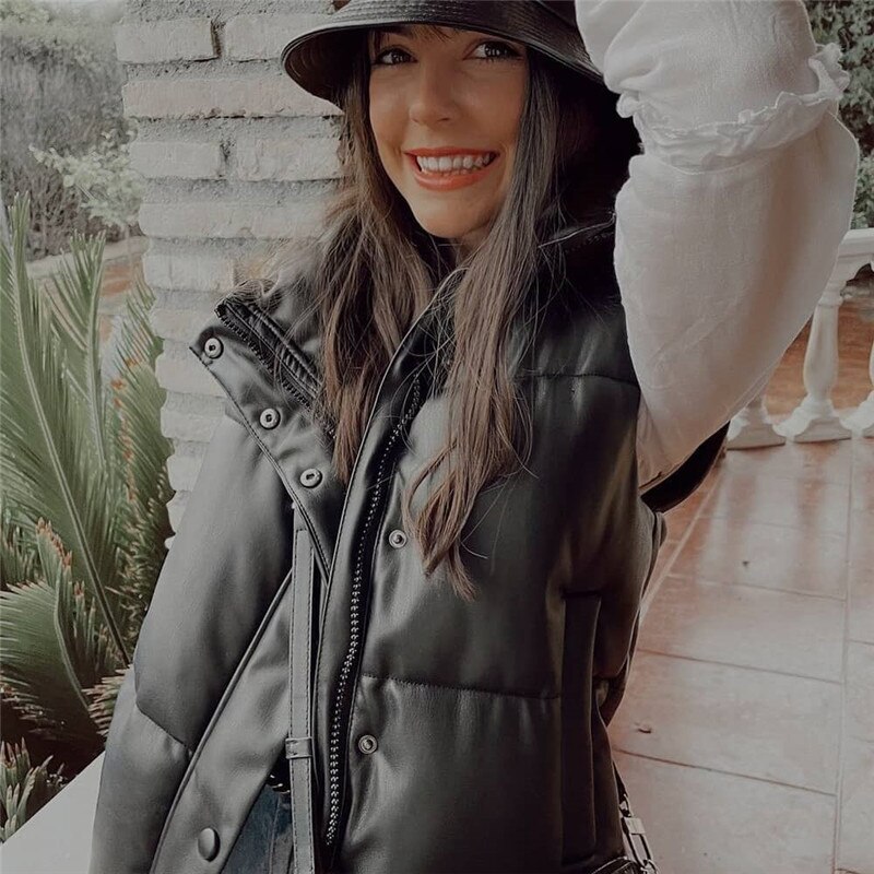 Black Pu Faux Leather Blazer Winter Vintage Cropped Jacket Women Chaquetas De Mujer Za Female Outwear Abrigo Veste