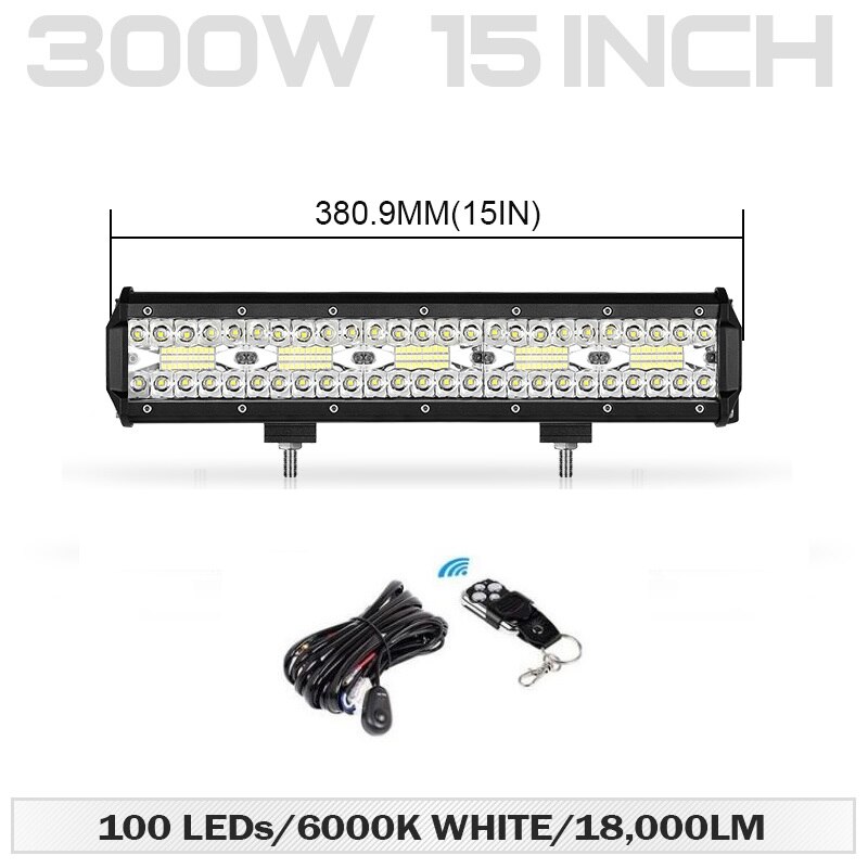 15 inch 300W Led Work Light Bar Tri-Row Combo Beam For 4x4 Offroad Cars Off road SUV ATV Tractor Boat Trucks Excavator 12V 24V: Light Wire Remote