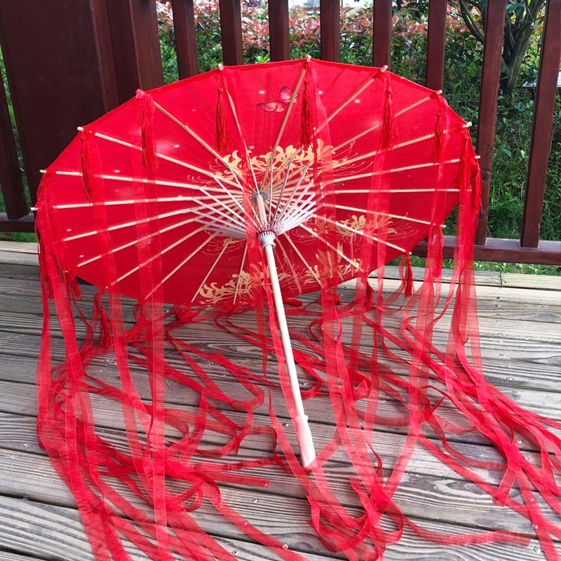 82cm hanfu cospaly blau geöltes Papier Regenschirm Frauen Fotografie Requisit Band antike Quasten Regenschirm Fan Paraguas Sonnenschirm: Burgunderrot