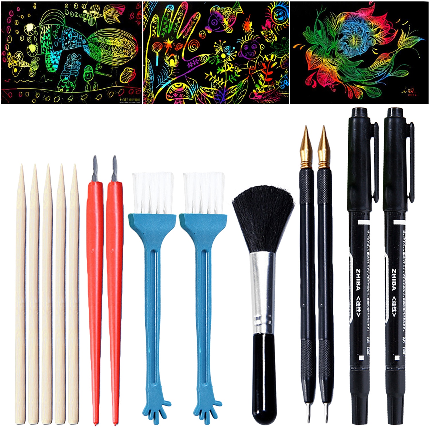 14PCS Scratch Tool Set with Bamboo Sticks Scraper Repair Scratch Pen Black Brush for Kids Children Scratch Painting