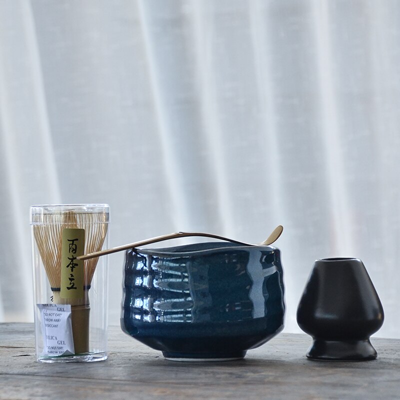 Tangpin tradisjonelle matchasett naturlig bambus matcha visp ceremic matcha bolle vispholder japanesetesett drinkware: F (blå)