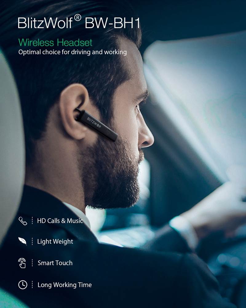 Blitzwolf fone de ouvido BW-BH1 wireless, fone de ouvido bluetooth hi-fi com mini luz, toque inteligente hd, cancelamento de ruído, fones intra-auriculares
