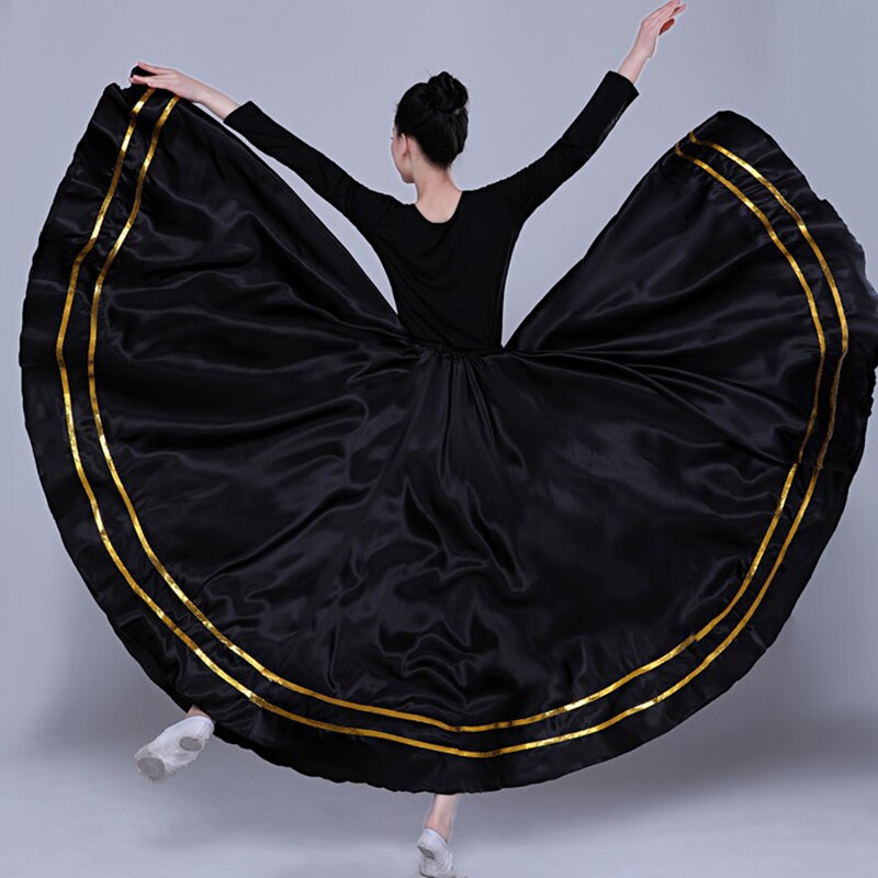 Svart traditionell spansk flamenco kjol zigenare kvinnor dans dräkt randig satäng slät stora gung kjolar mage kläder  dl5156