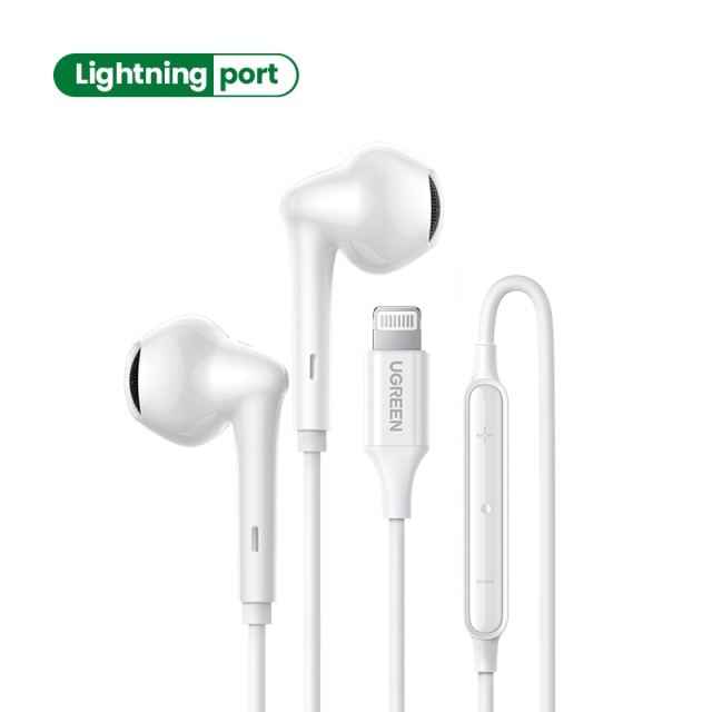 Słuchawki przewodowe UGREEN słuchawki douszne z certyfikatem MFi z mikrofonem słuchawki z redukcją szumów HiFi stereofoniczny dla iPhone 12 11: biały