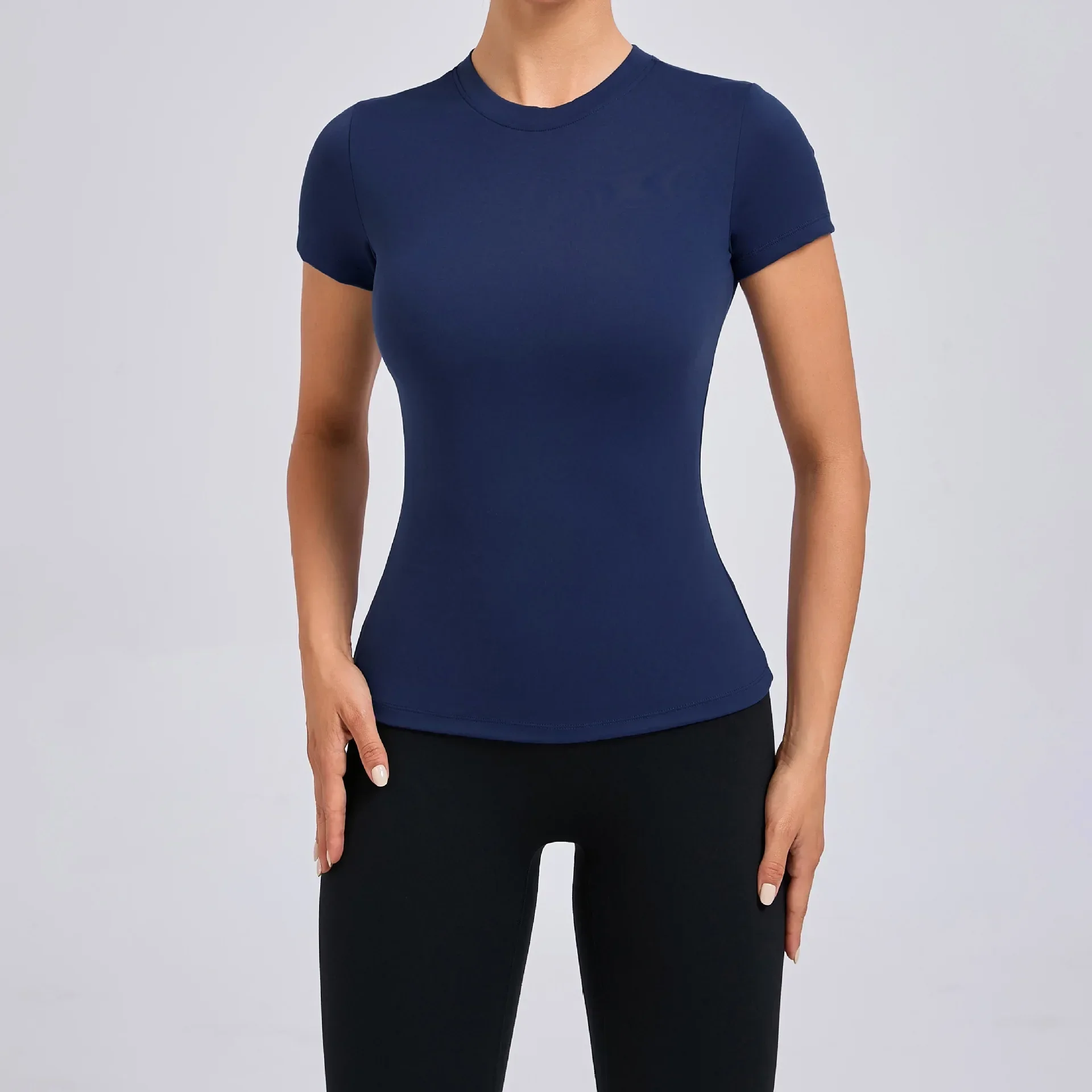 Kompressionströja dam t-shirt sportkläder dam gymtopp yogakläder träningskläder röd svart vit marinblå kaffe: L / Blå
