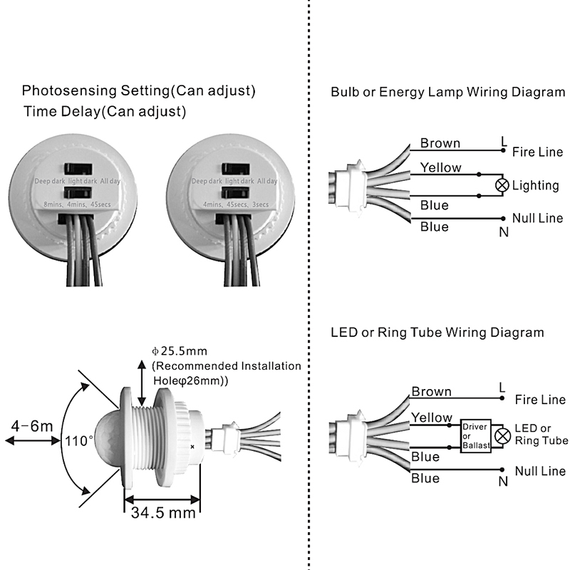 40mm led pir detektor infrarød bevægelsessensor switch med tidsforsinkelse justerbar