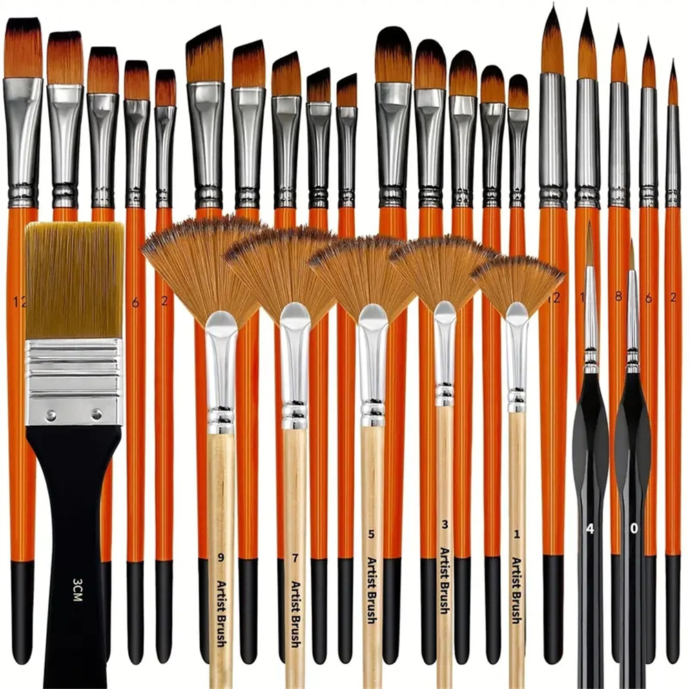 28/32 Pieces Paint Brush Set, Artist Series, Nylon Bristles with Round, Filbert, Flat, Fan, Angle, Fine Detail Brush for Artists: WHITE