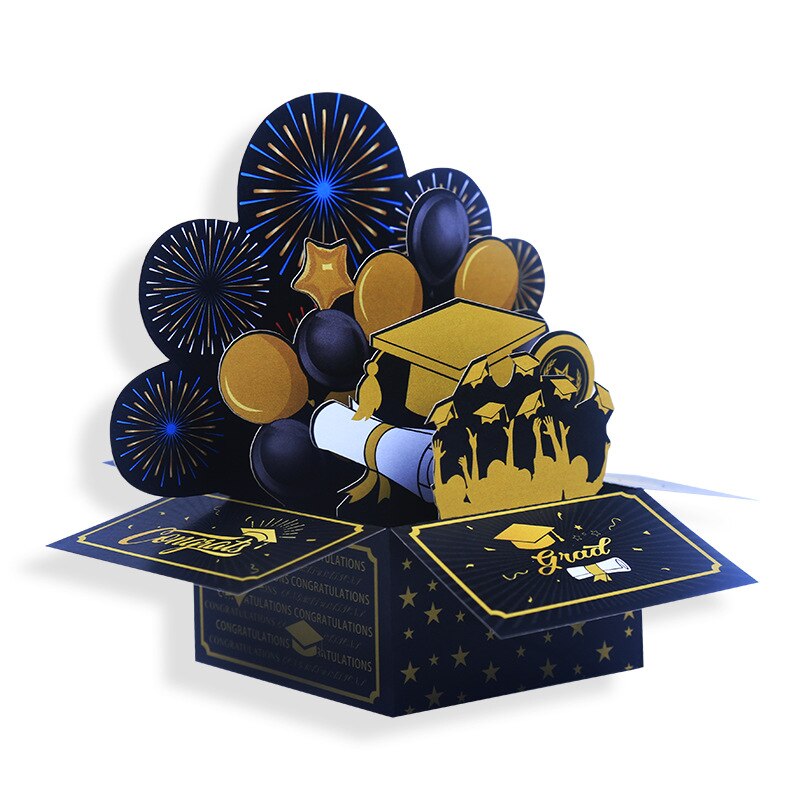 Black Gold 3D Graduation Box Decoration Souvenir Paper Pop-up Greeting Card With Envelope For Graduation Season