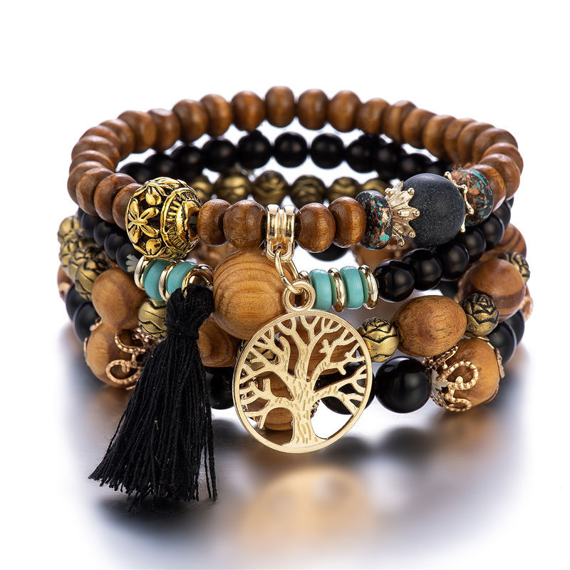 Conjunto de pulsera de árbol de la vida para mujer, brazalete de cadena elástica con cuentas de madera y borlas, joyería de para