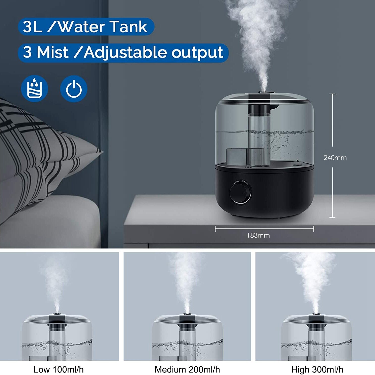 Ultrasonic Cool Mist Humidifiers 3L,USB Portable Quiet Desk Diffuser for Large Bedroom Home Office Room