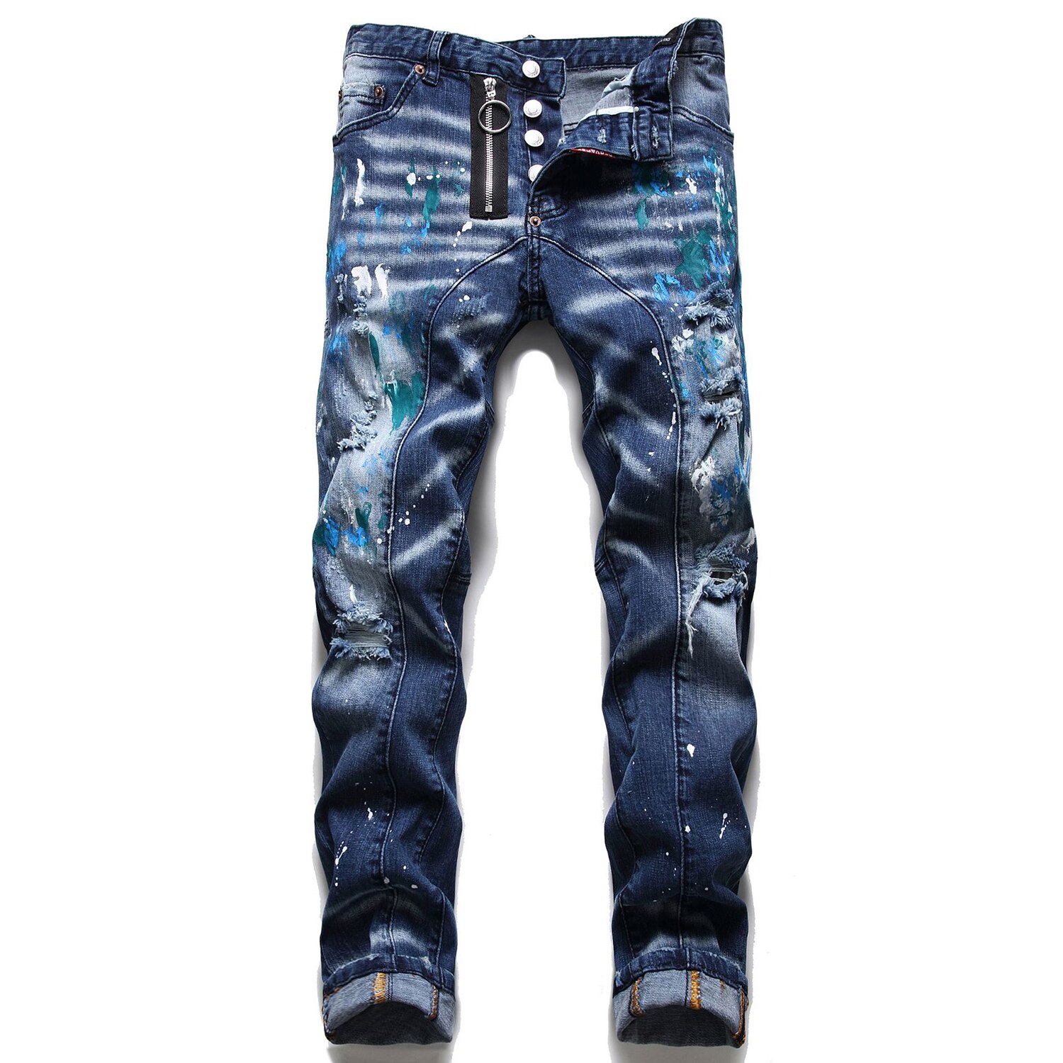 Licht Luxe Mannen Kleur Graffiti Verf Denim Broek, Slim-Fit Ripped Jeans, street Casual Jeans Broek;