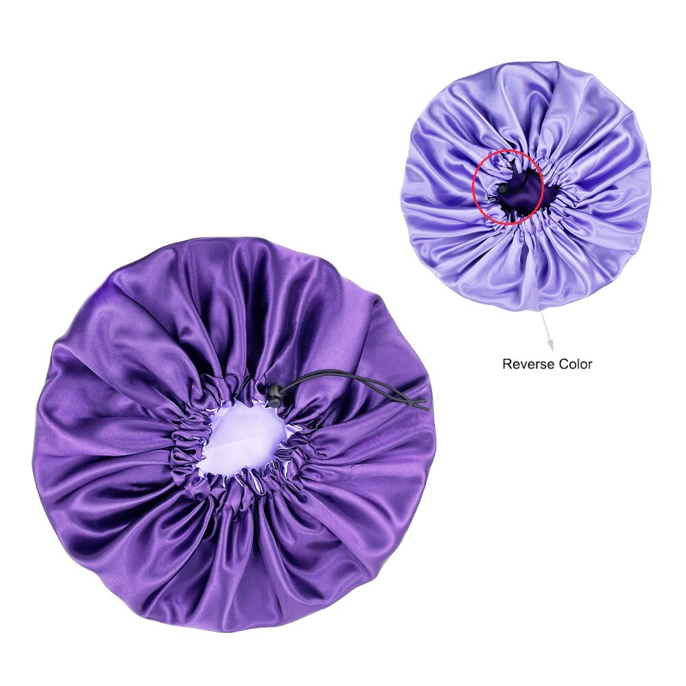 Effen Kleur Omkeerbaar Zijdeachtig Satijn Motorkap Dubbele Laag Slaap Night Cap Head Cover Motorkap Hoed Voor Voor Krullend Veerkrachtig Hair zwart: style256-purple