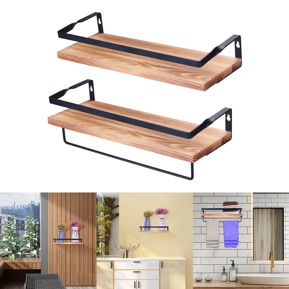2 Pcs Modern Floating Storage Shelves Wall Mounted Storage Racks Iron Pine Shelves Kitchen Bathroom Bedroom