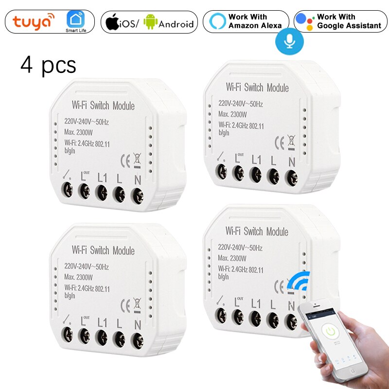 DIY WiFi Smart Light Switch Module Breaker, Smart Life Tuya APP Voice Remote 1/2 Way Control Wall Switch, Alexa Echo Google Home: 4 PCS