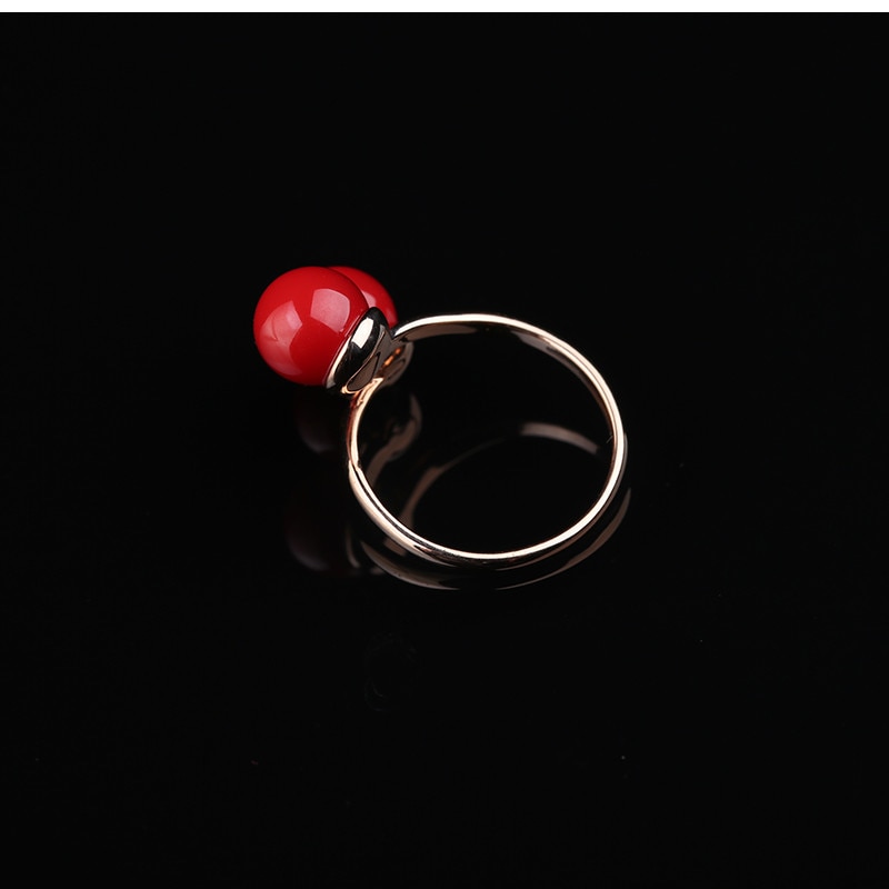 KCALOE Adjustable Ring Cute Double Ball Red Artificial Coral Rings For Women Open Rose Gold Ring Anelli Donna Bagues Pour Femme