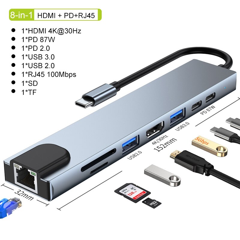 Usb c hub type c splitter til hdmi 4k thunderbolt 3 dokkingstasjon bærbar adapter med pd sd tf  rj45 for macbook air  m1 thinkpad: 8 i 1 hdmi pd  rj45