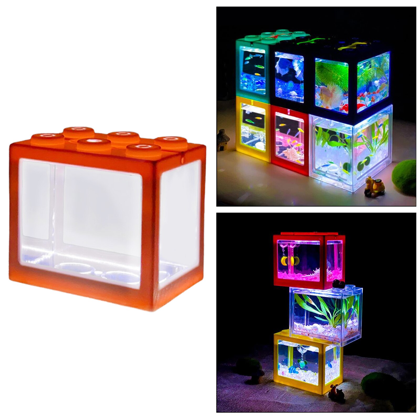 Mini Fish Tank LED Light Clear Ornament Aquarium Office Desktop Decor Pink