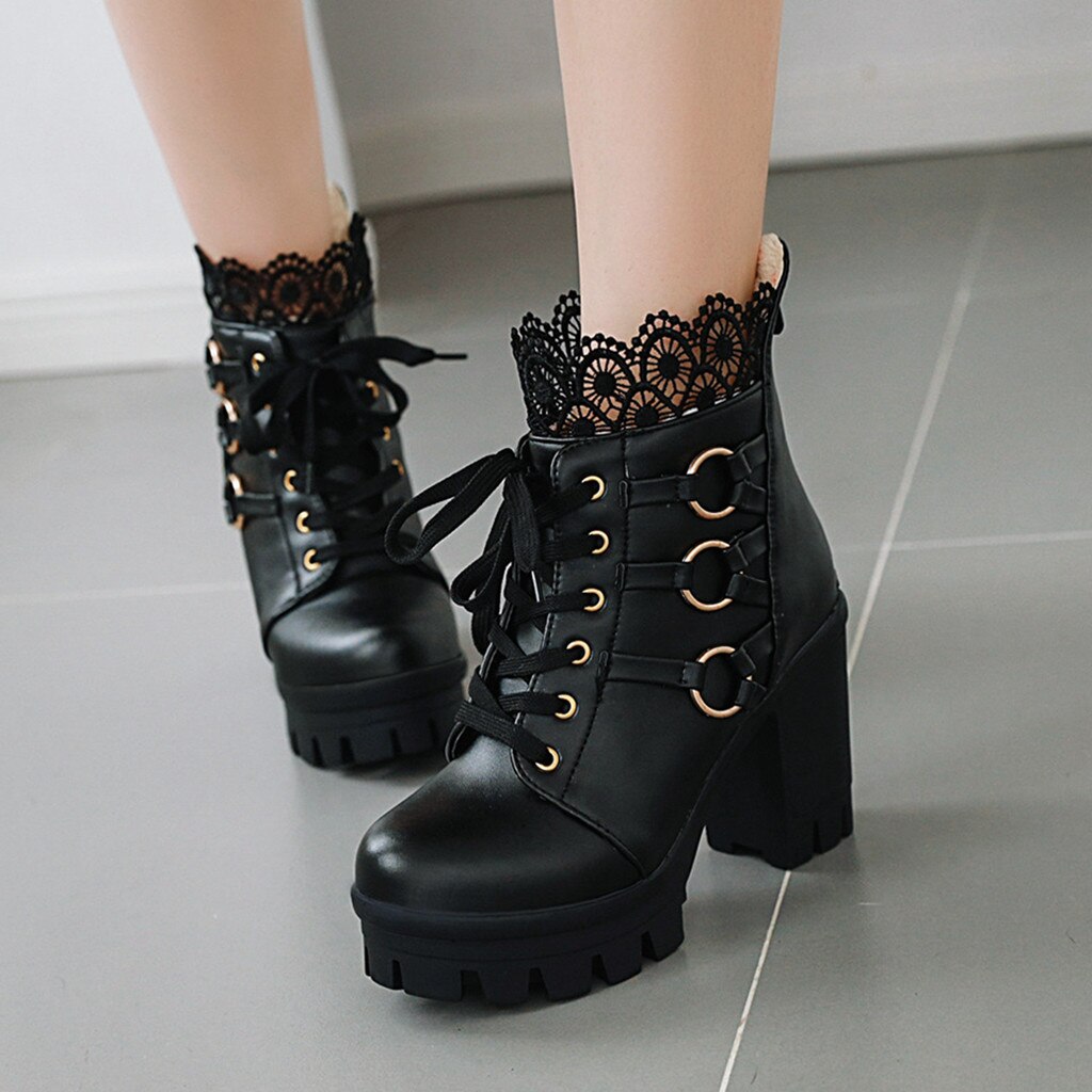 Bota feminina gótica coreana, calçado renda cor pura salto alto moderno inverno sapatos # g4