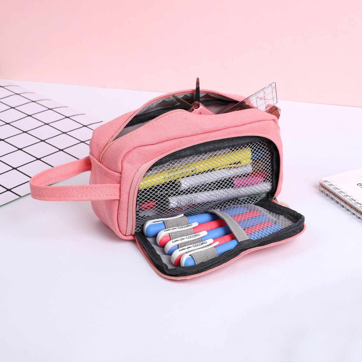 bref grille étudiant Double couche porte-crayon école stylo étui pour filles garçons papeterie grande toile crayon sac estojo escolar
