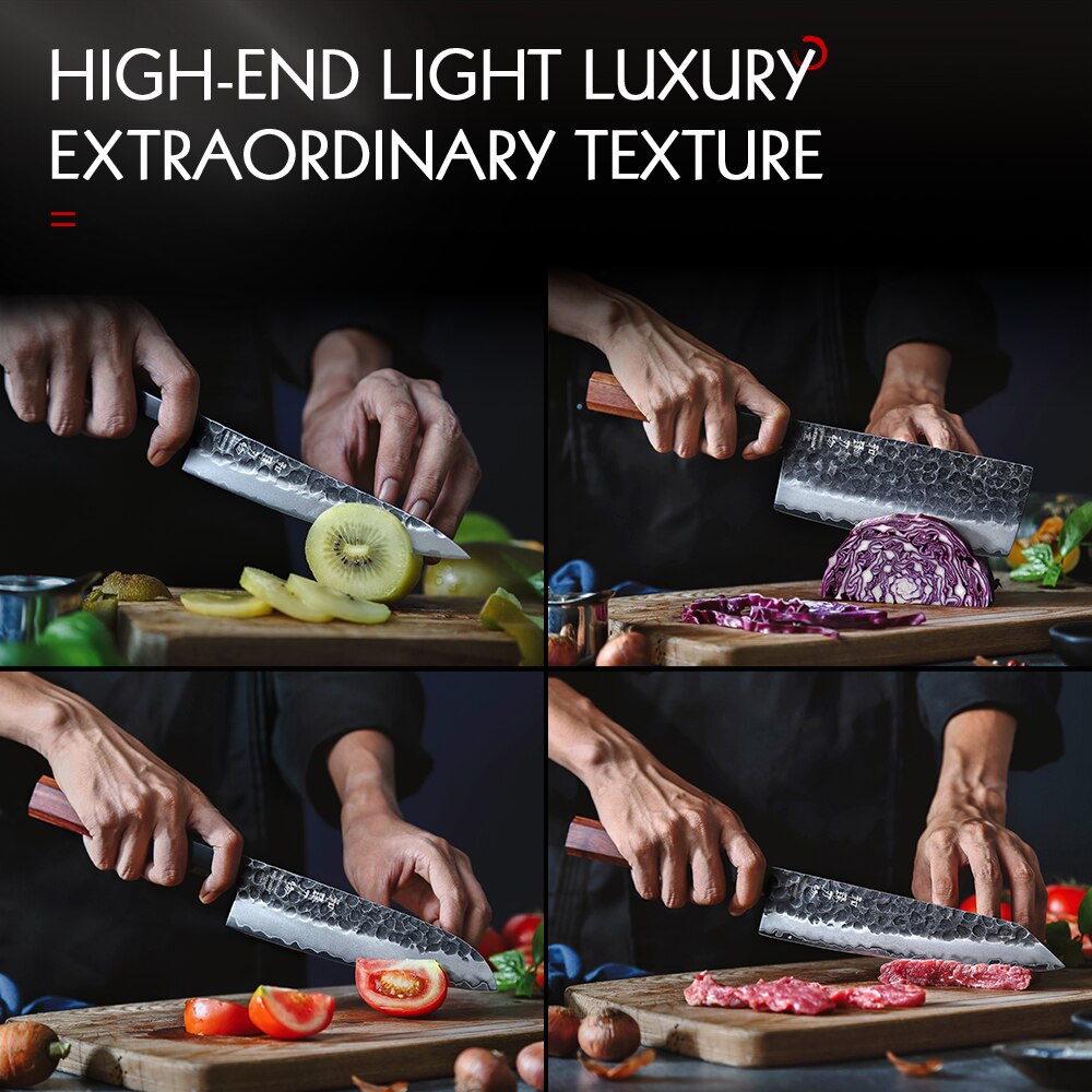 Hezhen 1-4pc kökskniv set skiva rostfritt stål komposit stål kock santoku nakiri verktyg rosenträ handtag låda