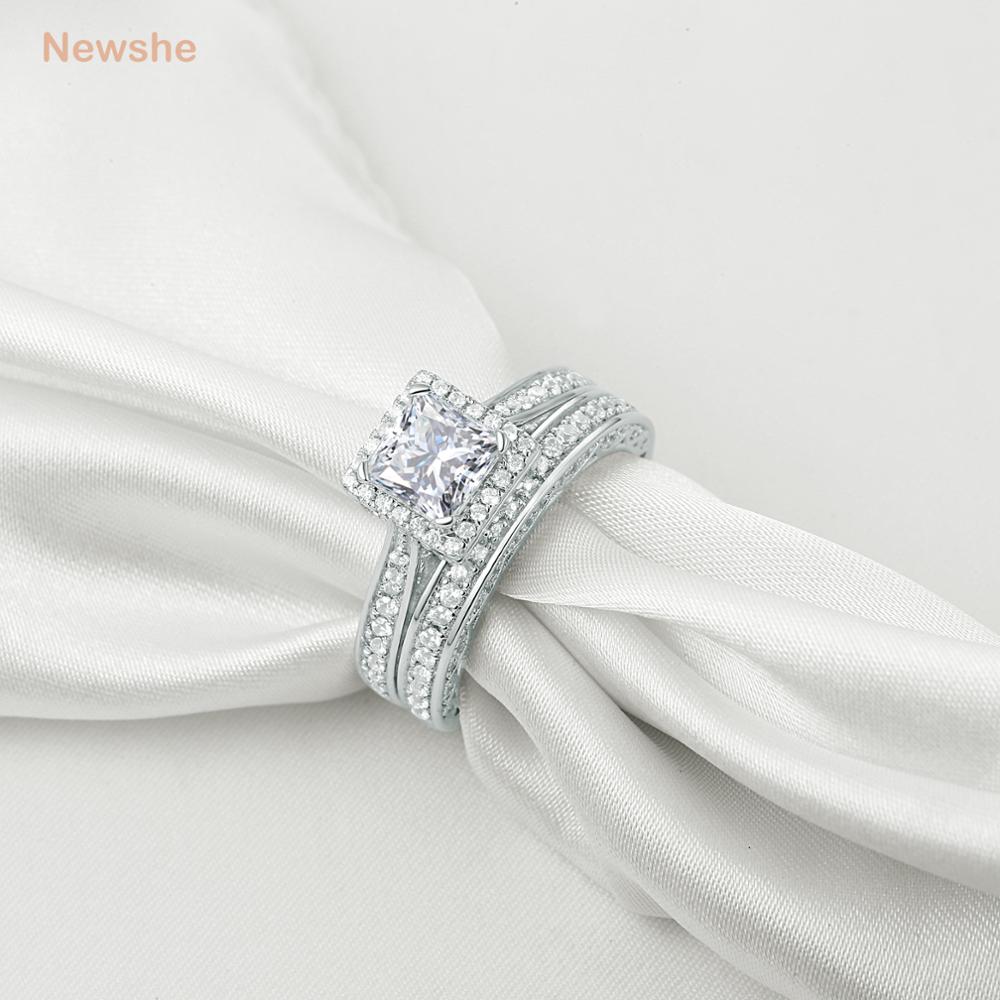 Newshe 2Pcs Echtes 925 Sterling Silber Hochzeit Ring Set Klassische Schmuck 1,5 Ct Prinzessin Cut AAAAA CZ Engagement Ringe für Frauen