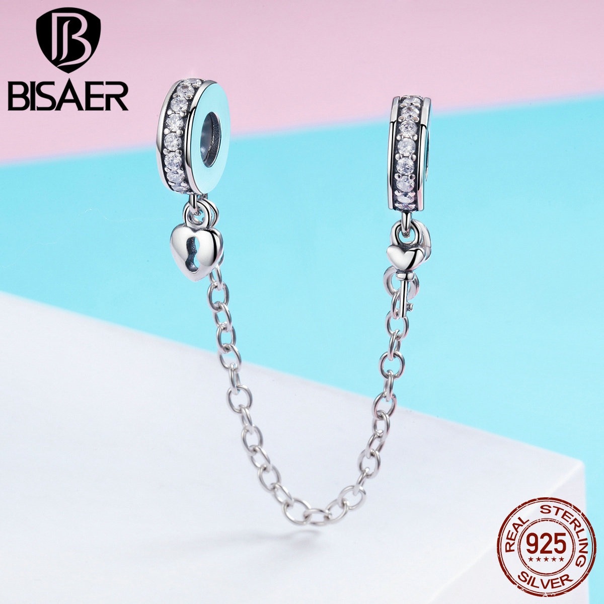 BISAER 925 Sterling Silver Key to Your Heart Dangle Safety Chain Stopper Fit Charm Silver 925 Bracelet Beads & Jewelry Making