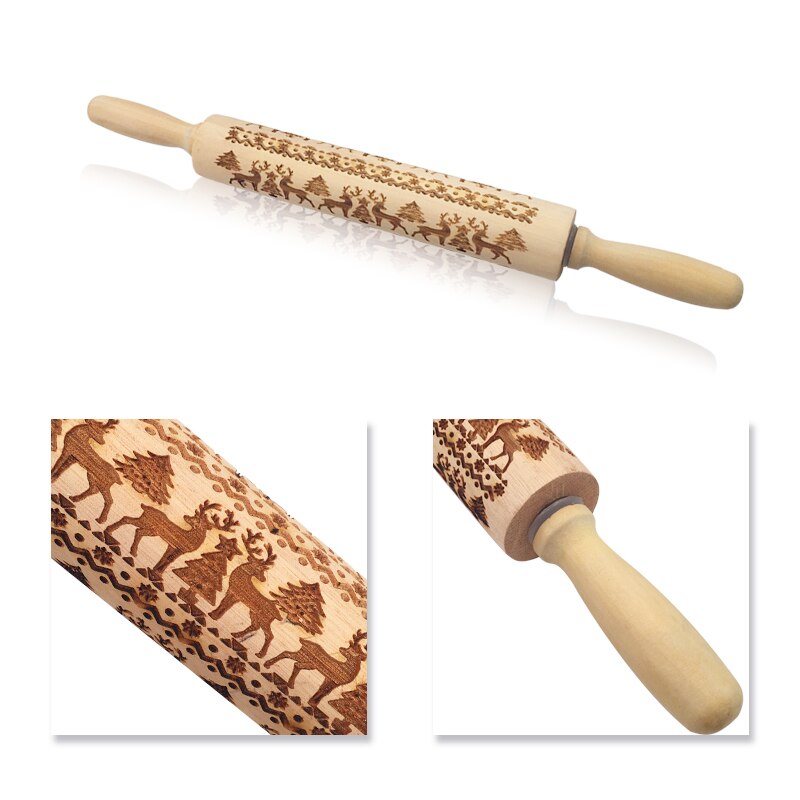 Kerst Embossing Rolling Pin Koekjes Bakken Noodle Biscuit Fondant Taart Deeg Gegraveerde Roller Rendier Houten Deegroller