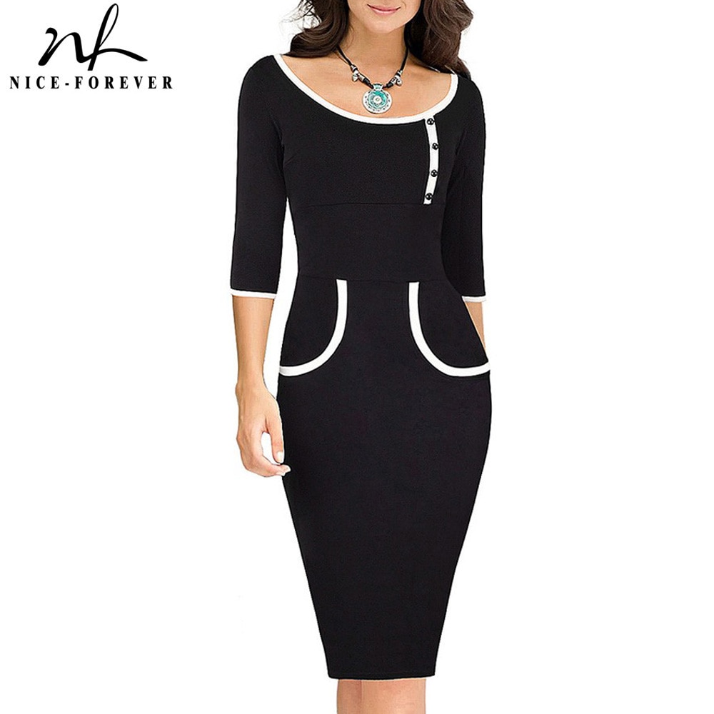 Nice-forever Vintage contraste couleur Patchwork robes de bureau affaires moulante ajusté femmes robe G623