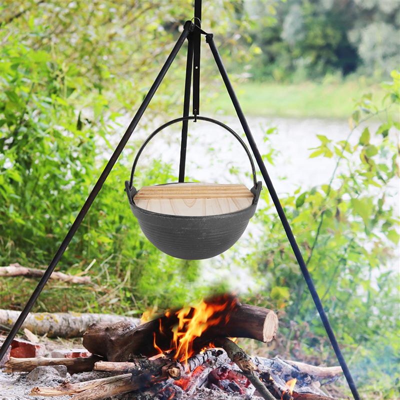 1Pc Mini Pot Outdoor Picknick Hotpot Ijzeren Kookpot Soeppan Keuken Kookgerei Inductie Fornuis Pot Met Houten deksel