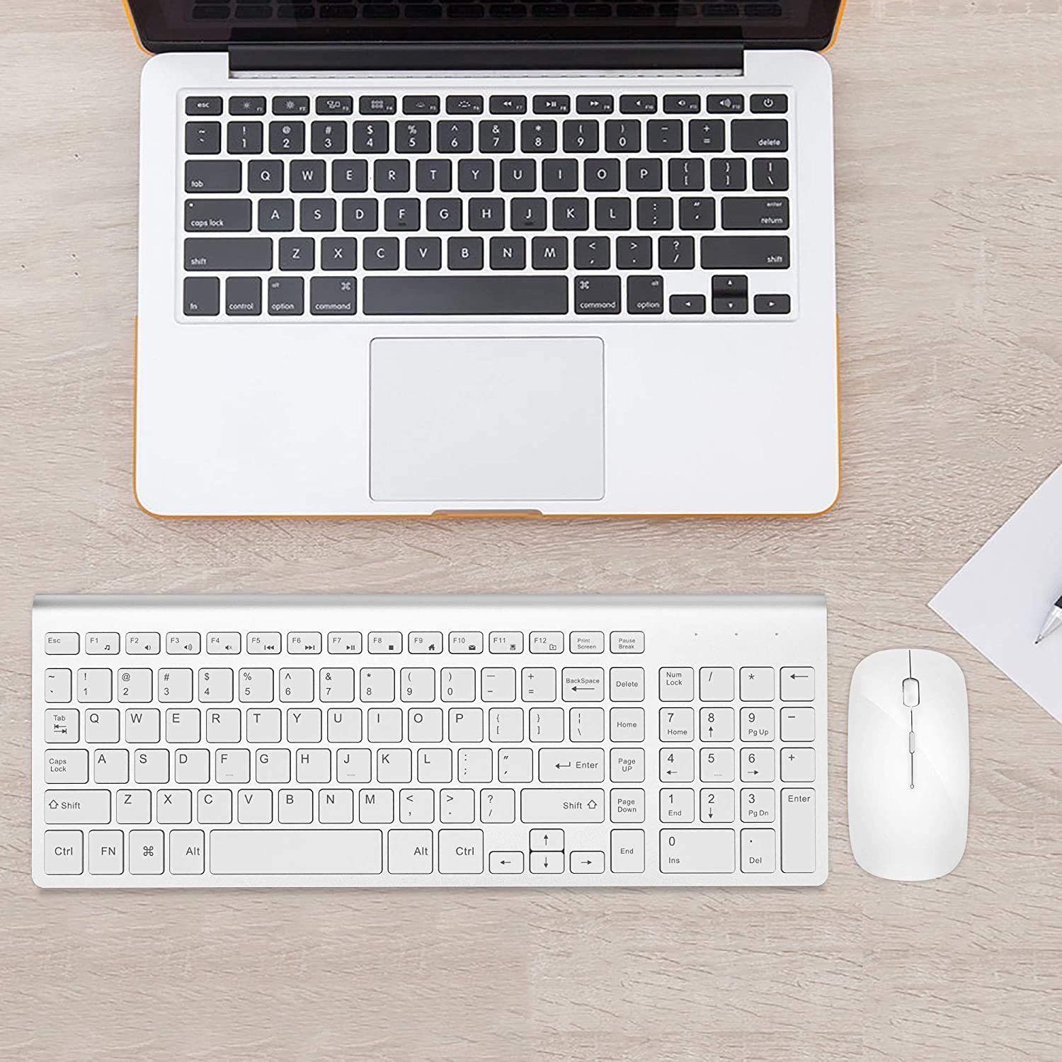 Wireless Keyboard and Mouse Combo, Full-size keyboard,，Slient Click Mouse for PC, Laptop, Desktop, Windows, Mac OS(Silver White)