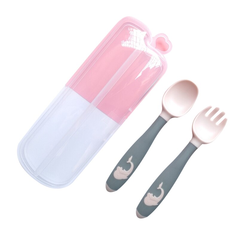 1 Set Baby Children Spoon Fork Set Soft Bendable Scoop Fork Kit Tableware Toddler Cartoon Training Feeding Cutlery: Powder gray plus box