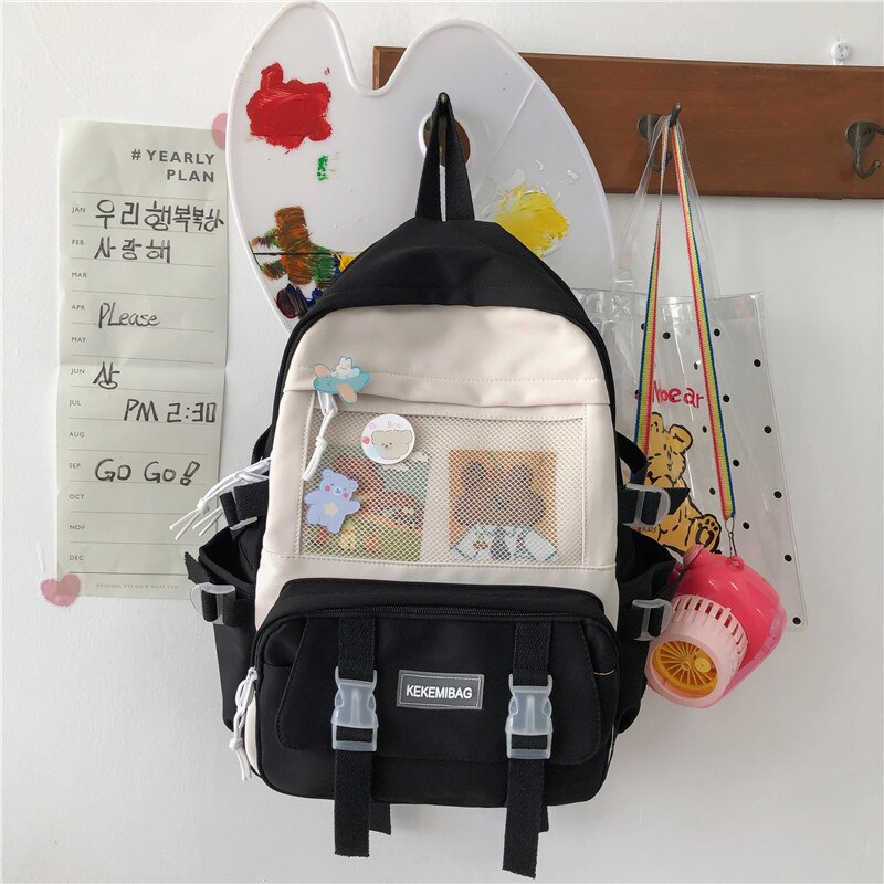 Koreanische Version von Harajuku Einfache Mädchen Student Schul Nylon Multifunktionale Rucksack Outdoor Reise Mochila Escolar: Black / Has pendant