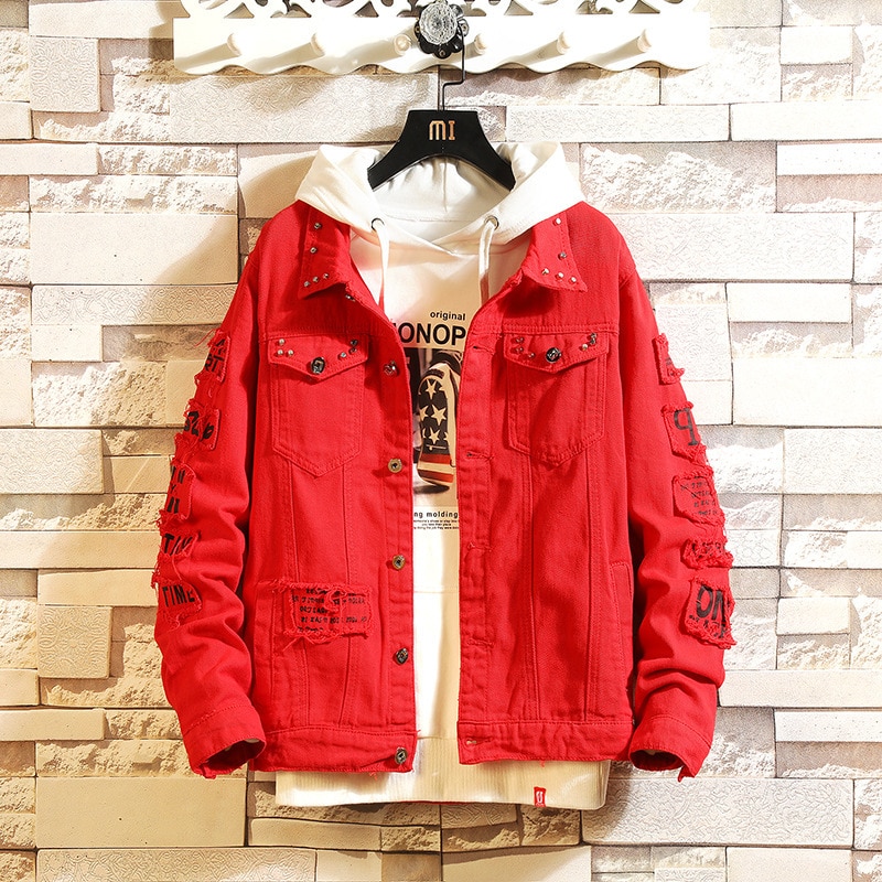 #3446 Red White Yellow Black Ripped Punk Denim Jacket Men Letters Print High Street Hip Hop Jeans Jacket Harajuku Spring Autumn: Red / M