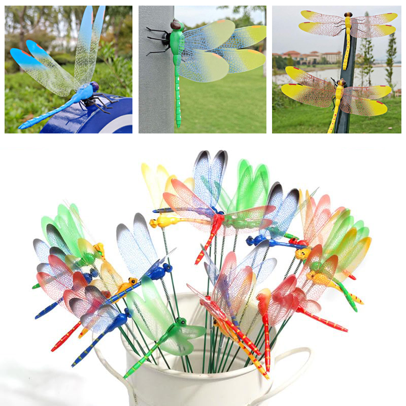 Colorful Dragonfly Garden Decorations Stakes Outdoor Decors Patio Ornaments Balcony Bonsai Accessories Flower Arrangement