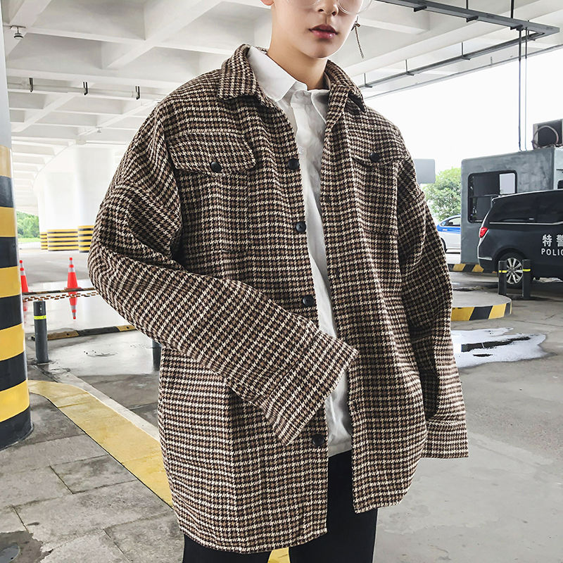 Herfst geruite wollen jas heren retro casual wollen jas heren streetwear wilde losse koreaanse wollen wollen jas heren s -4xl