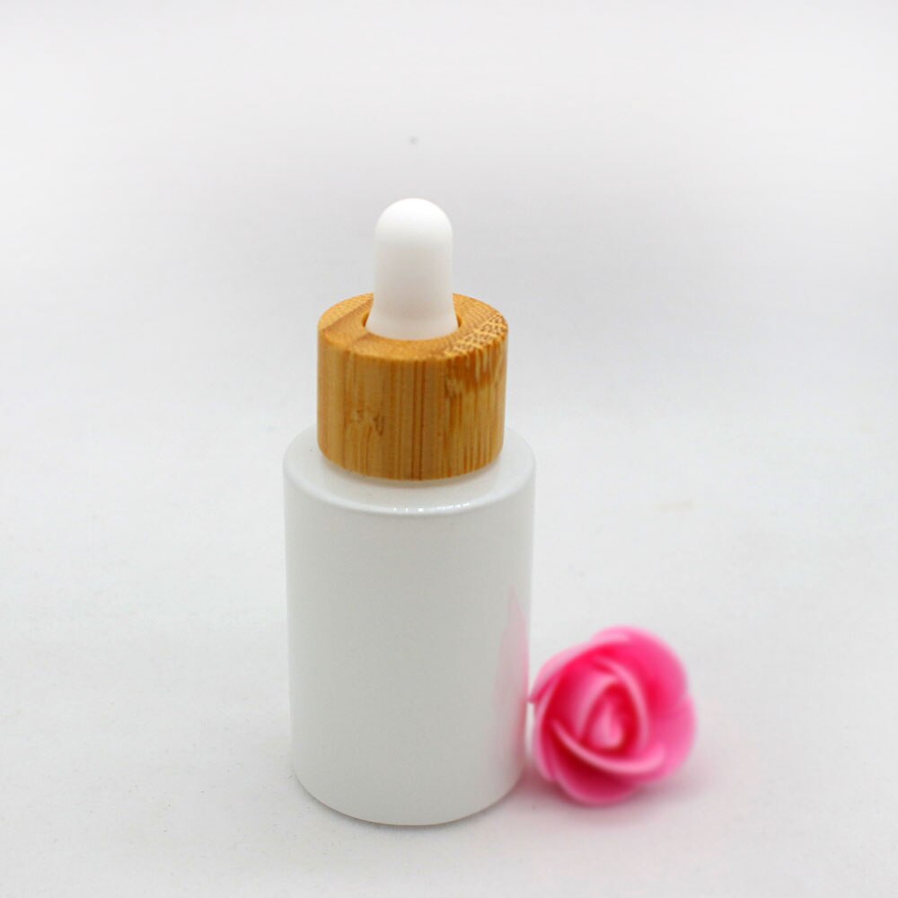 30ml White pearlescent glass dropper bottle bamboo lid pipette cosmetic lotion packaging container