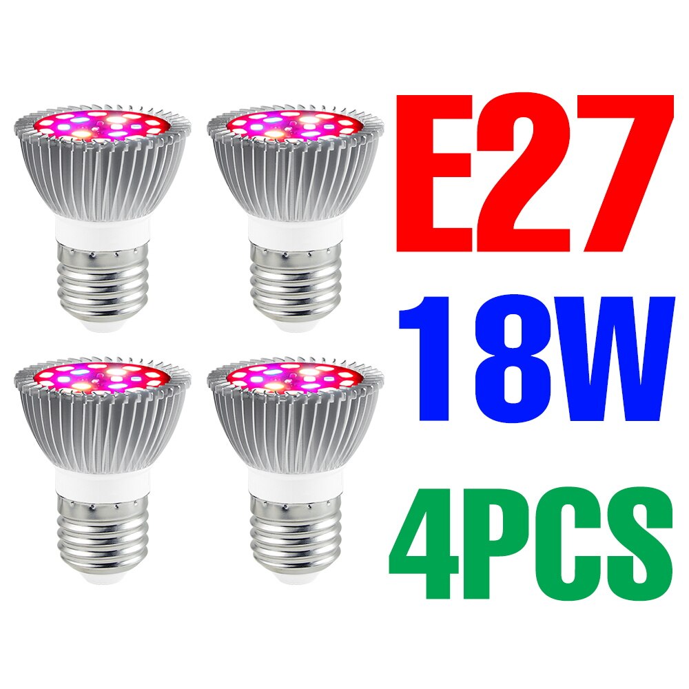 Luz LED de espectro completo Phyto Grow, lámpara E27 para plantas, Bombilla de crecimiento hidropónico de interior 18W 28W 30W 50W 80W 100W: E27 18W 4PCS