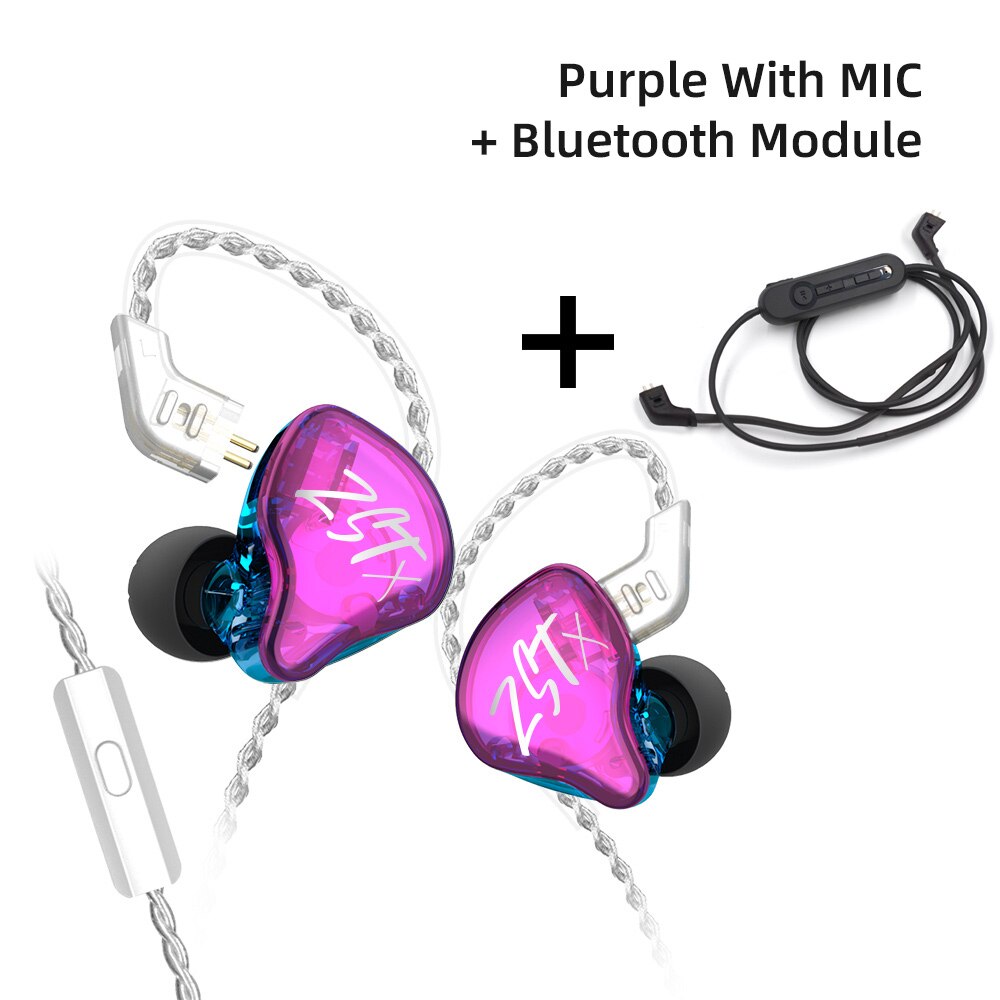 KZ ZST X 1DD + 1BA Hybrid-auriculares, intrauditivos con cancelación de ruido y conector de 2 pines de 0,75 MM, KZ ZSX ZS10 PRO ZSN PRO ZSTX: Purple mic with BT