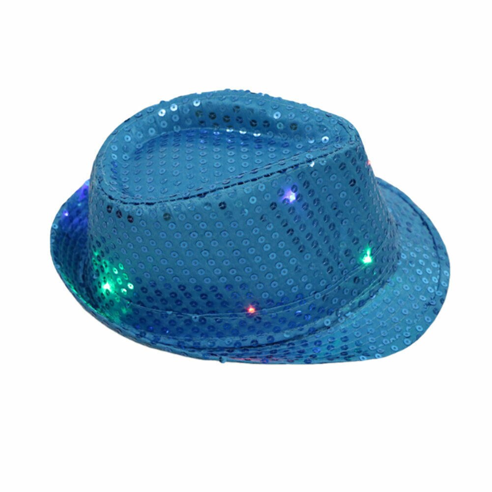 Men Women Glitter Sequin Flashing Light Up LED Fedora Trilby Cap Dance Jazz Hat Gangster Party Costume: Light Blue