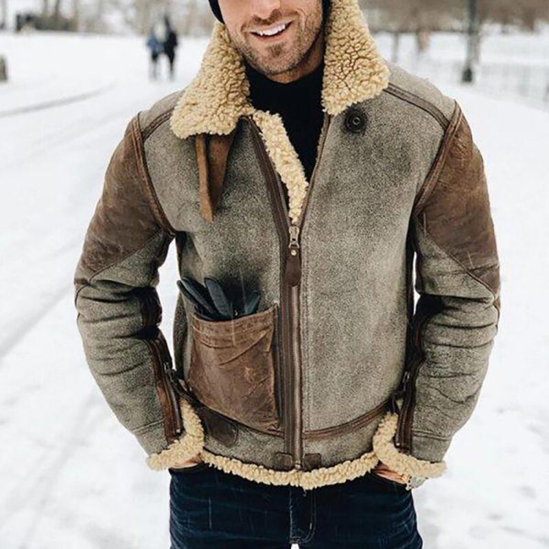 Winter warm Langen Hülse Faux Pelz Jacken Männer Jahrgang Woll drehen-unten Kragen Mäntel Mens Postleitzahl-hoch mäntel Streetwear: L / 02 Braun
