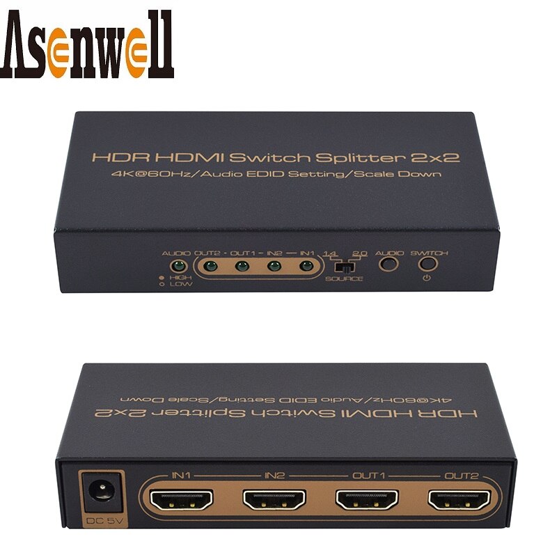 HDMI Switch 4K@60Hz 2 In 2 Out Switcher Matrix Hub HDR UHD HDCP2.2 Audio EDID Setting Scaler Down 1080P HDMI Splitter for TV BOX