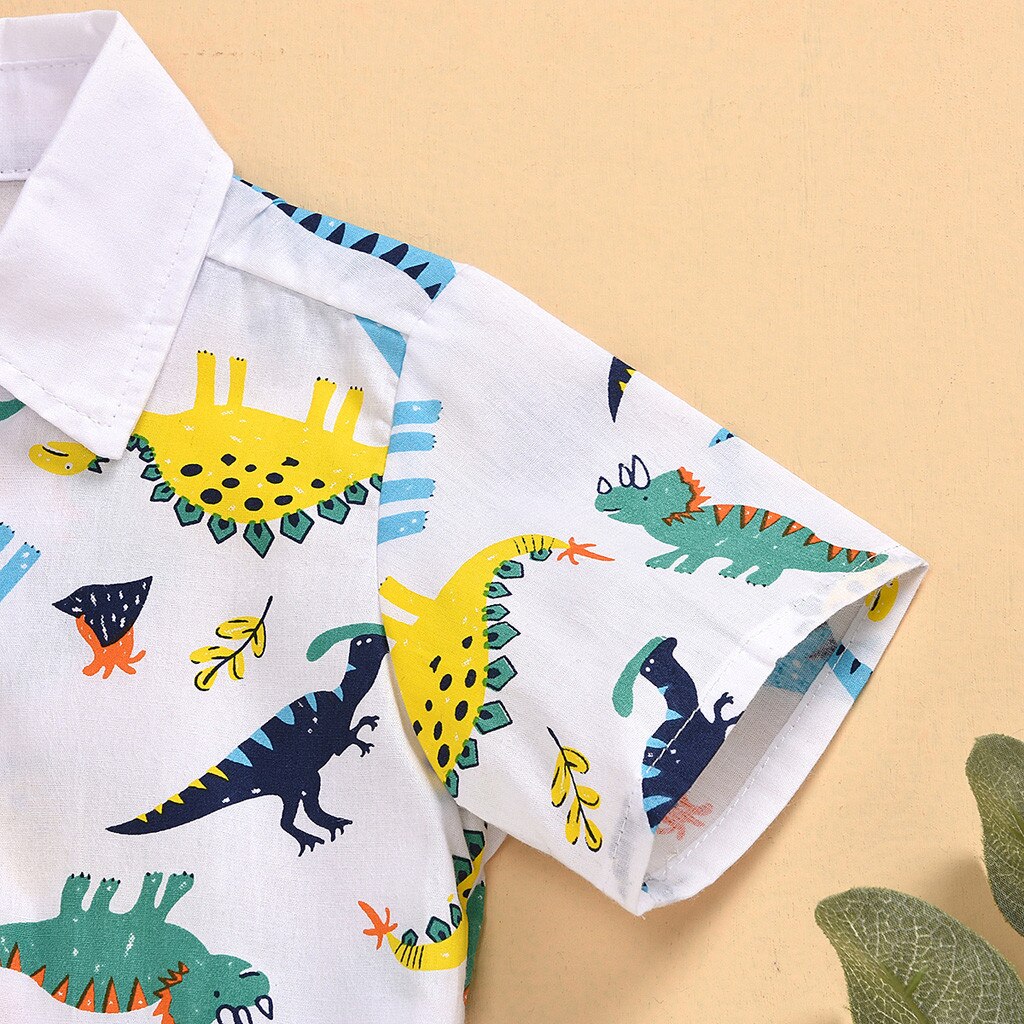 Kids Boys Cute Cartoon T-shirts Summer Baby Boys Turn-down Collar Short Sleeve T-shirts Cartoon Dinosaur Print T-shirt#P30